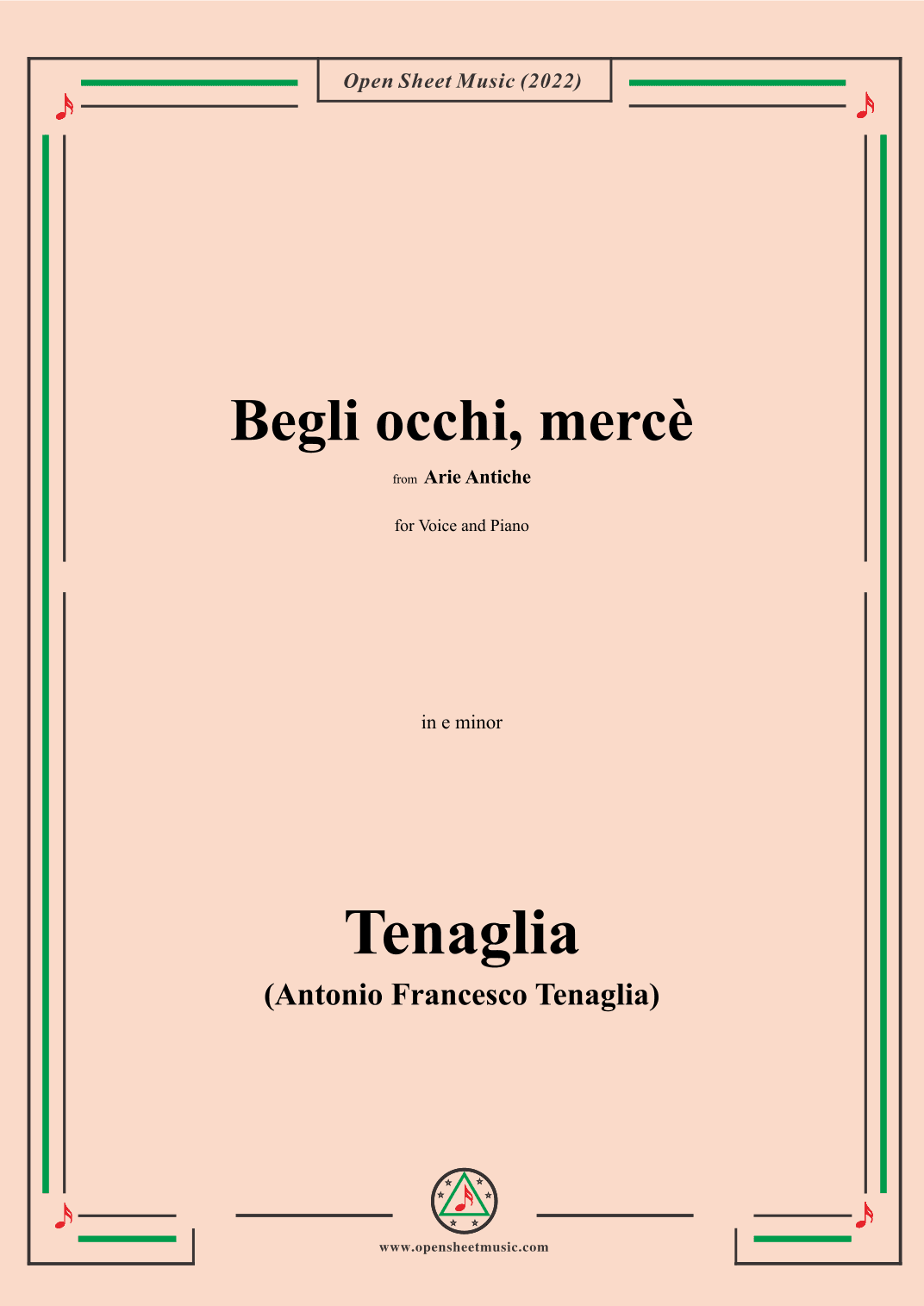 Tenaglia-Begli occhi,mercè,from Arie Antiche(Anthology of Italian Song),in e minor,for Voice and Pia (arr. OSM Press)