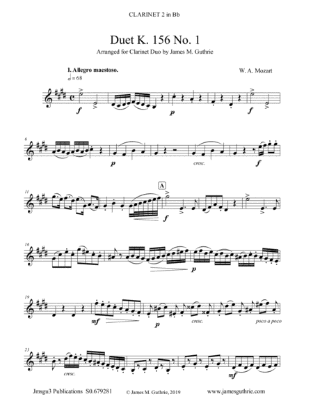 Mozart: 3 Duets K. 156 Complete for Clarinet Duo (arr. James M. Guthrie, ASCAP)