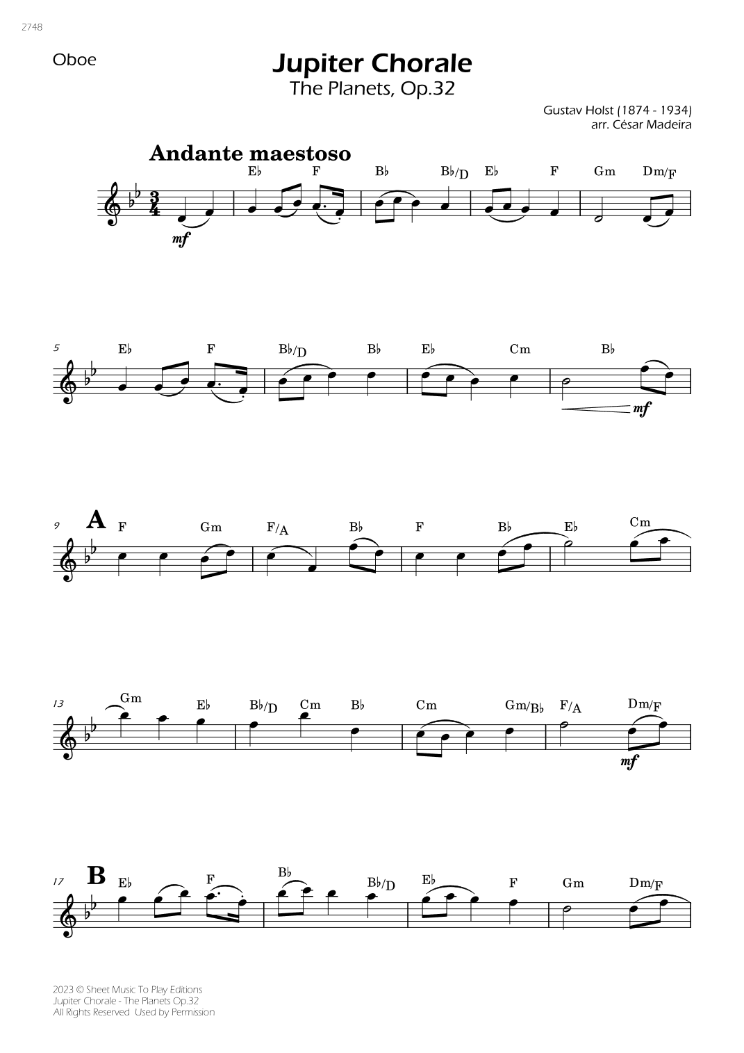Jupiter Chorale from The Planets - Oboe Solo - W/Chords (arr. César Madeira)