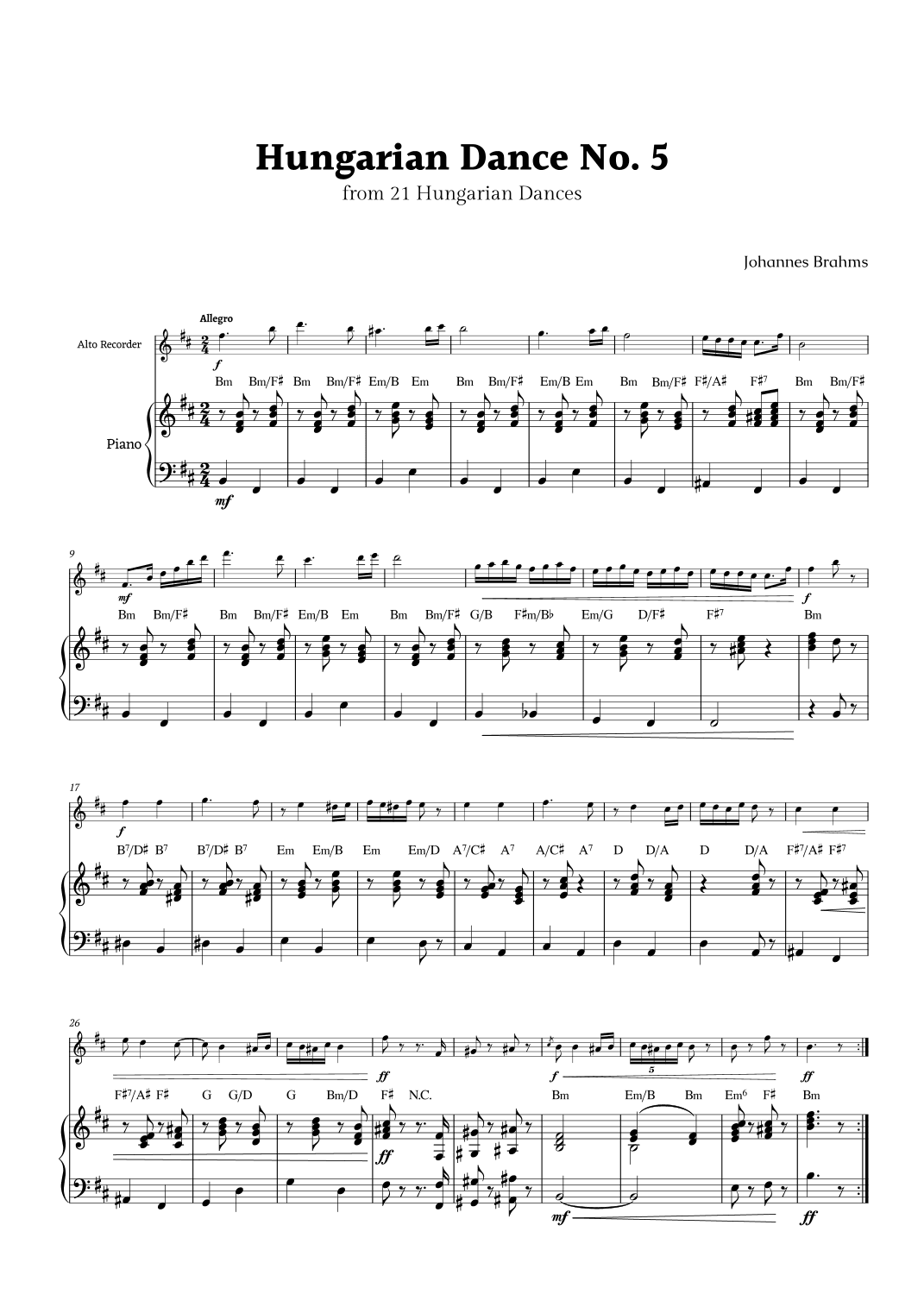 Hungarian Dance No. 5 by Brahms for Alto Recorder and Piano with Chords (arr. Rika K.)