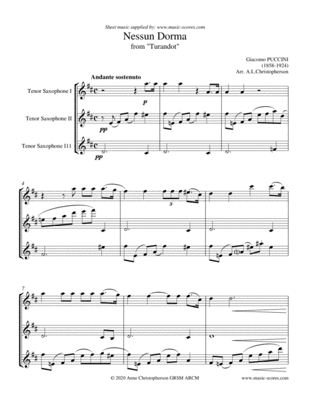 Nessun Dorma - Tenor Saxophone Trio (arr. Anne Christopherson GRSM ARCM)