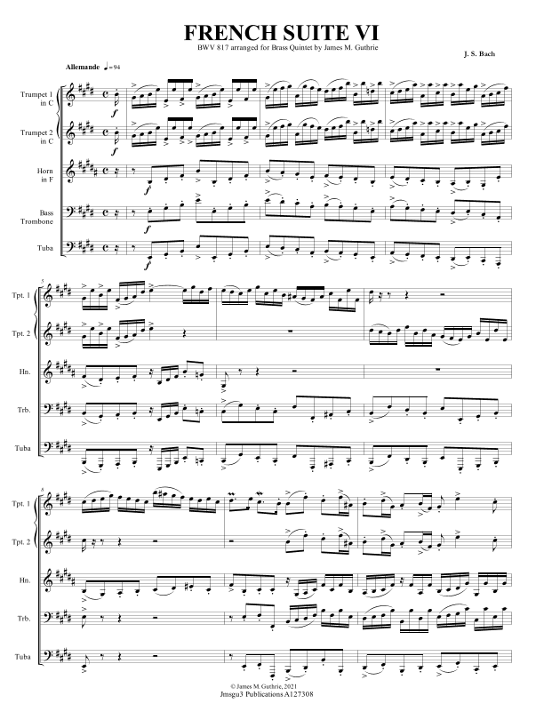 BACH: French Suite No. 6 BWV 817 for Brass Quintet (arr. James M. Guthrie)