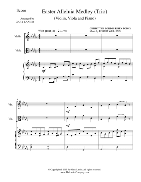 EASTER ALLELUIA MEDLEY (Trio – Violin, Viola and Piano) Score and Parts (arr. Gary Lanier)