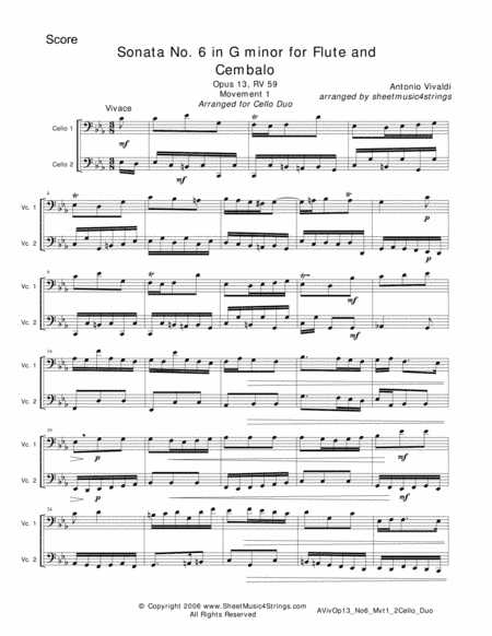 Vivaldi, A. - Sonata No. 6 Mvt.1 for Violin and Cello (arr. Linda M. Scott)