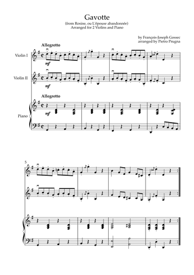 Gavotte (Rosine, ou L'épouse abandonnée) - arr. for 2 Violins & Piano ("I'll Second This" Series) (arr. Pietro Prugna)