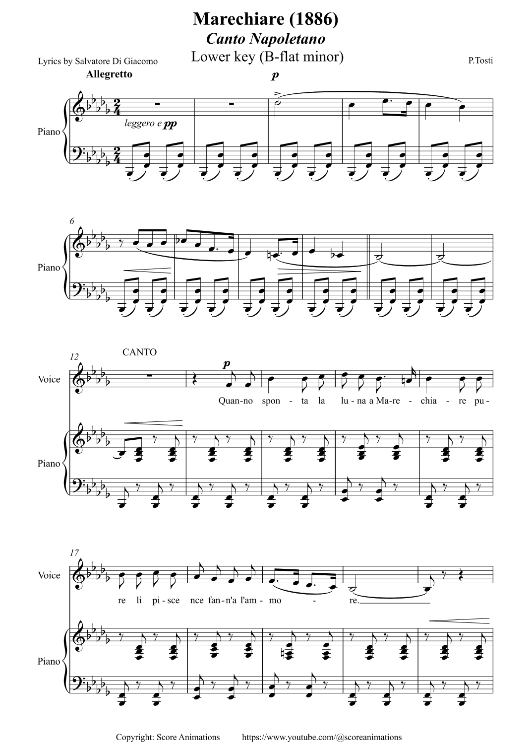 "Marechiare" Lower key (B-flat minor) (arr. Score Animations)