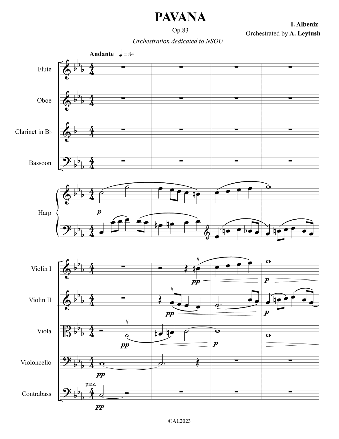 I. Albeniz  - PAVANA,  Op. 83,  Orchestrated by A. Leytush - Score Only