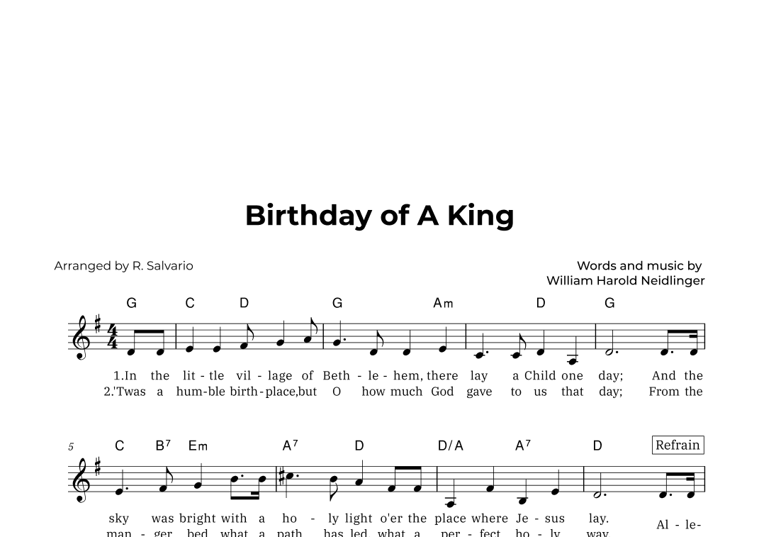 Birthday of A King (Key of G Major) (arr. R. Salvario)
