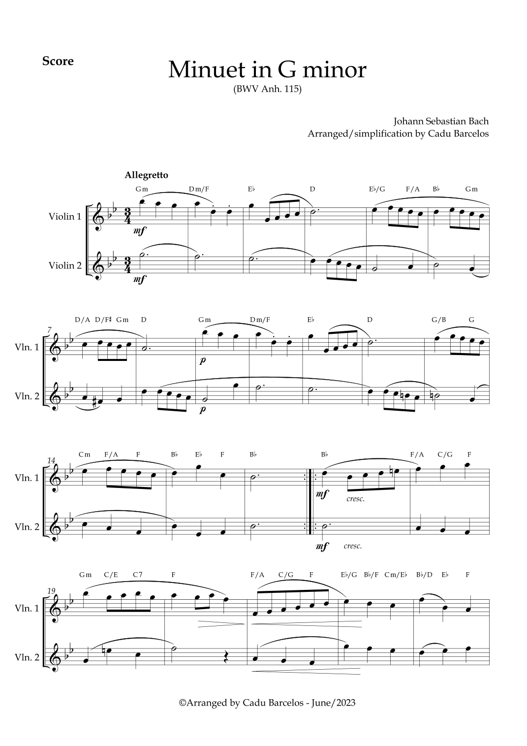 Minuet in G minor BWV anh 115 (Bach) 2 Violins chords (arr. Cadu Barcelos)
