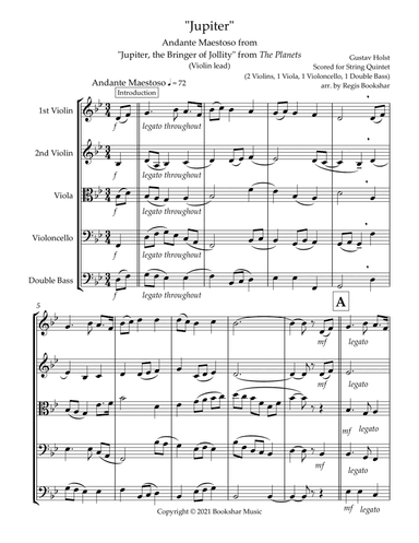 Jupiter (Andante Maestoso from "Jupiter, the Bringer of Jollity" from The Planets) (Bb) (String Quin (arr. Regis Bookshar)