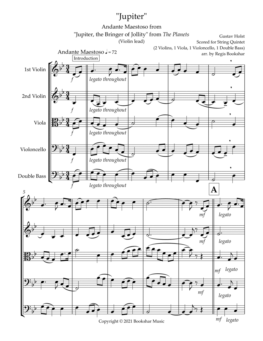 Jupiter (Andante Maestoso from "Jupiter, the Bringer of Jollity" from The Planets) (Bb) (String Quin (arr. Regis Bookshar)