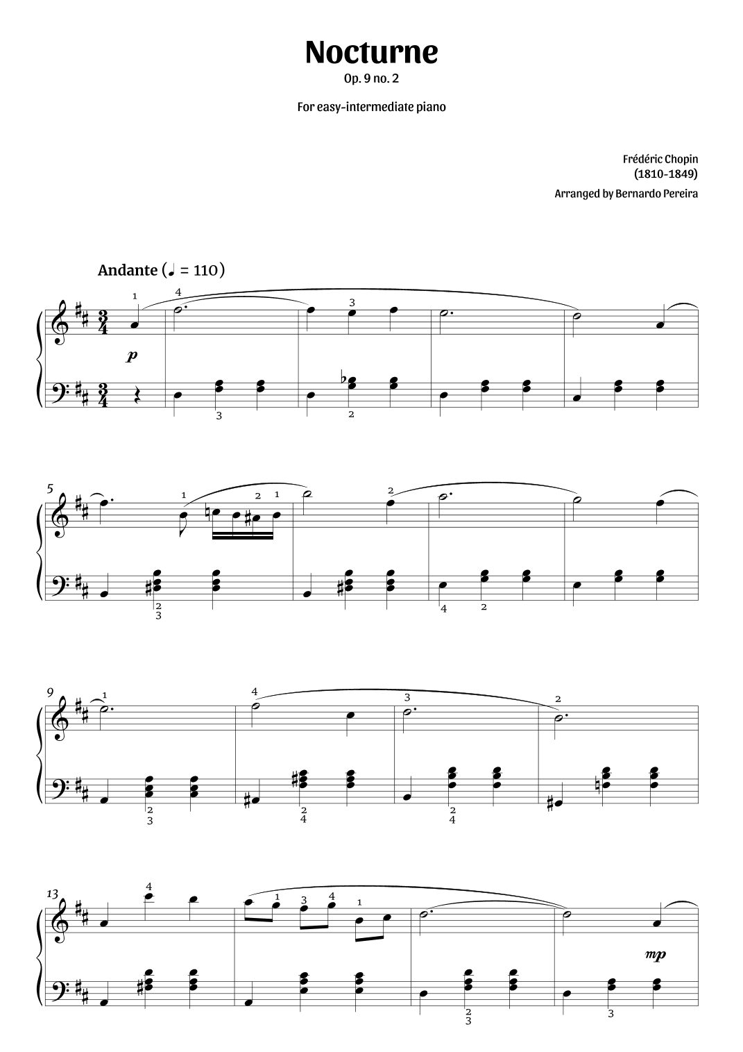 Nocturne Op. 9 no. 2 (easy-intermediate piano in D major – clean with fingering) (arr. Bernardo Pereira)