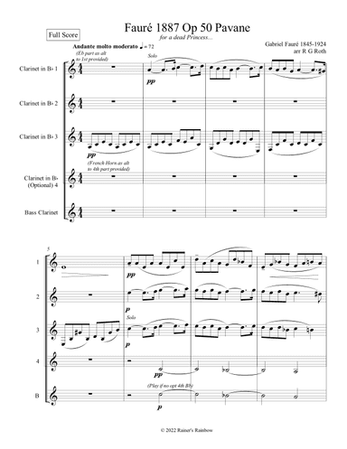 Fauré 1887 Op 50 Pavane Clarinet Quartet (arr. R G Roth)