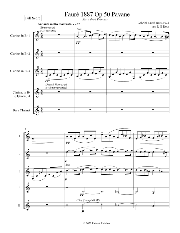 Fauré 1887 Op 50 Pavane Clarinet Quartet (arr. R G Roth)