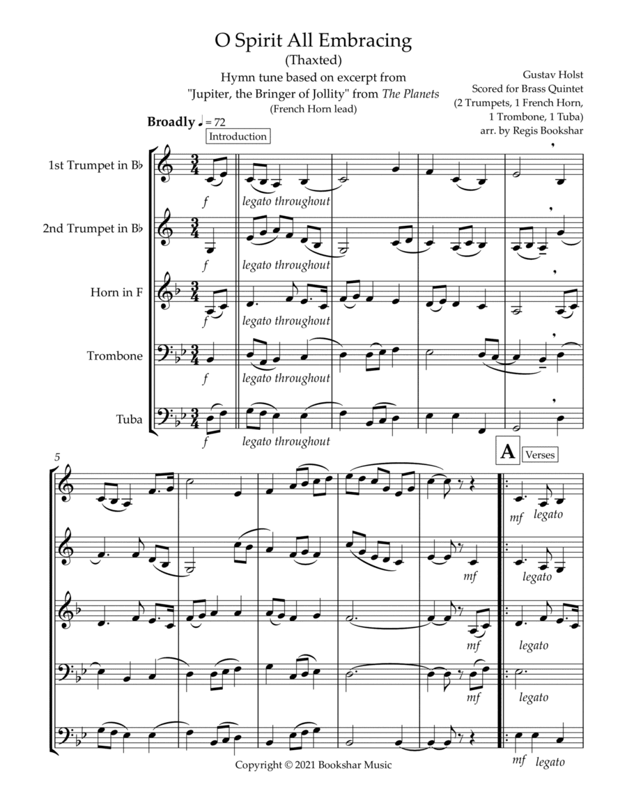 O Spirit All-Embracing (Thaxted) (Bb) (Brass Quintet - 2 Trp, 1 Hrn, 1 Trb, 1 Tuba) (French Horn lea (arr. Regis Bookshar)