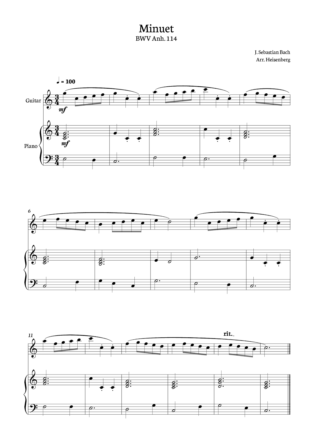 Minuet - Bach for Guitar with piano. (arr. Heisenberg)