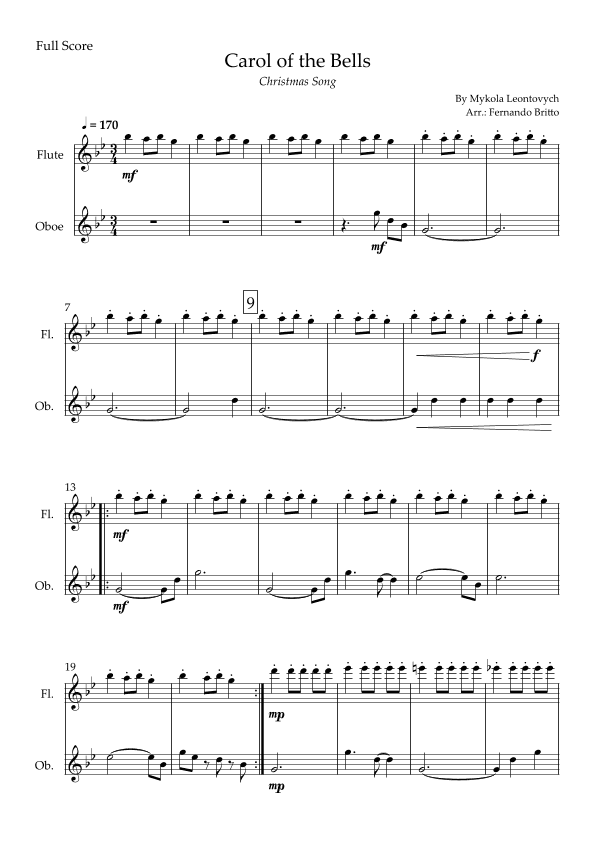 Carol of the Bells in Jazz Version (Christmas Song) for Flute & Bassoon Saxophone Duo (arr. Fabio Britto)