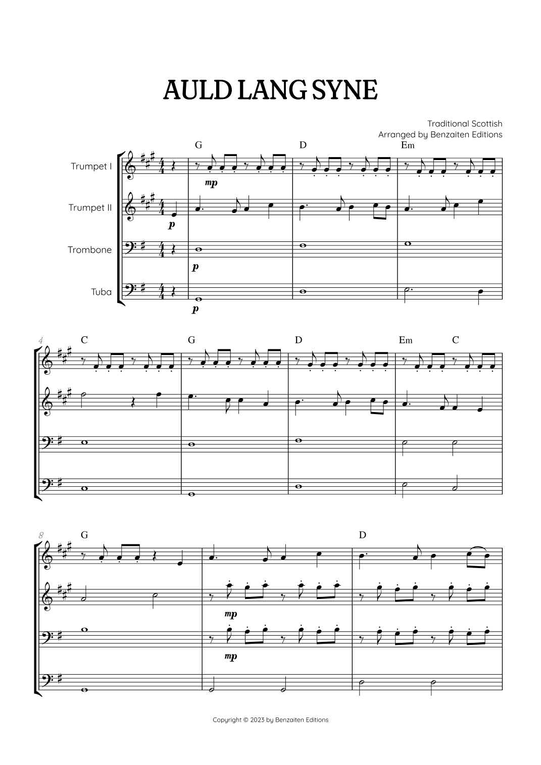 Auld Lang Syne • New Year's Anthem | Brass Quartet sheet music with chords (arr. Benzaiten Editions)