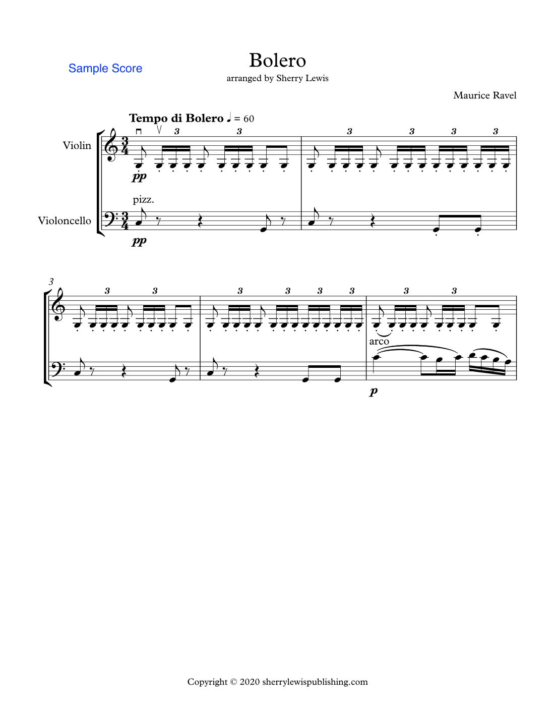 BOLERO String Duo, Intermediate Level for violin and cello (arr. Sherry Lewis)