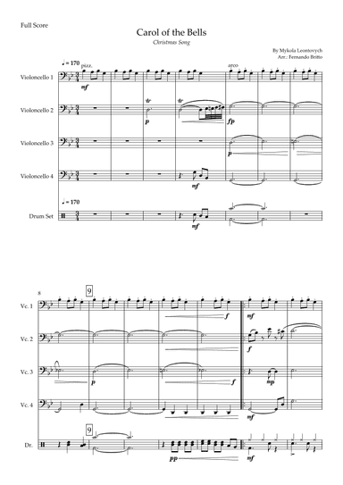 Carol of The Bells - Jazz Version (Christmas Song) for Cello Quartet and Drums (arr. Fabio Britto)