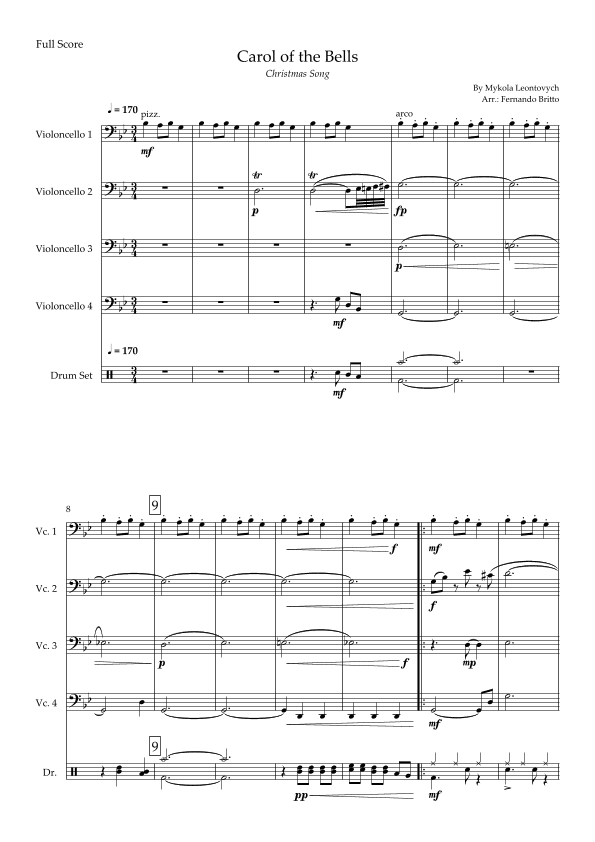 Carol of The Bells - Jazz Version (Christmas Song) for Cello Quartet and Drums (arr. Fabio Britto)