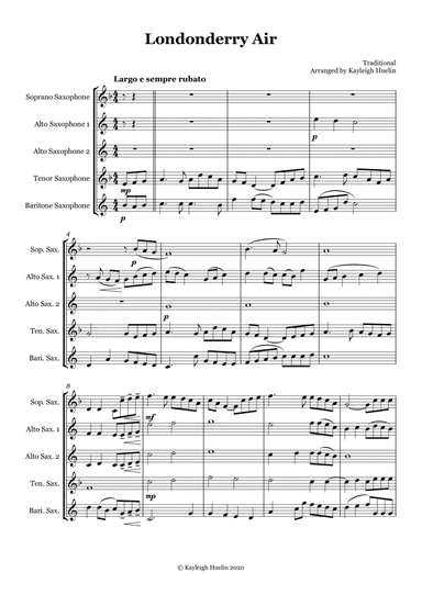 Londonderry Air (Danny Boy) - Saxophone quintet (SAATB) (arr. Kayleigh Huelin)