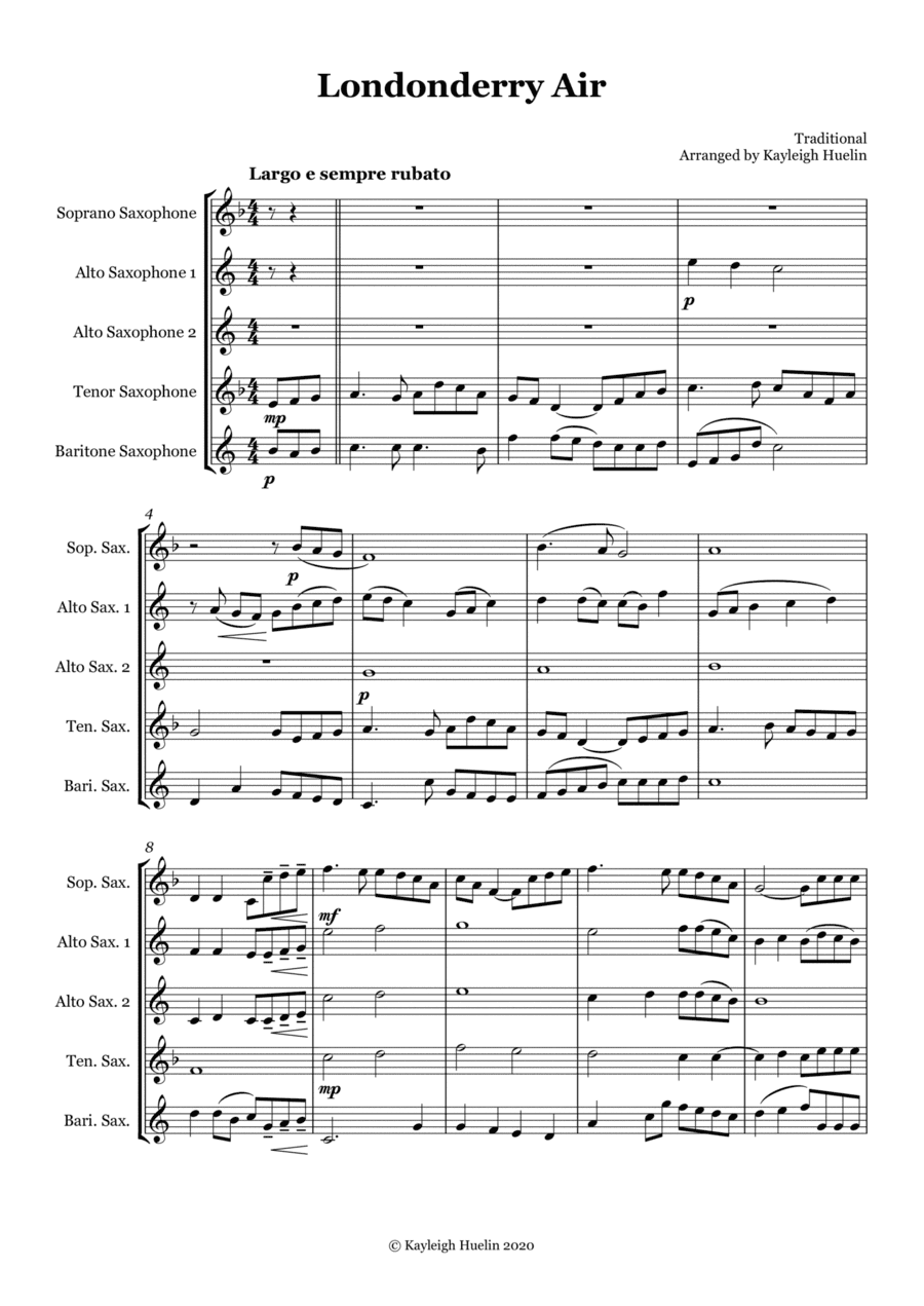 Londonderry Air (Danny Boy) - Saxophone quintet (SAATB) (arr. Kayleigh Huelin)