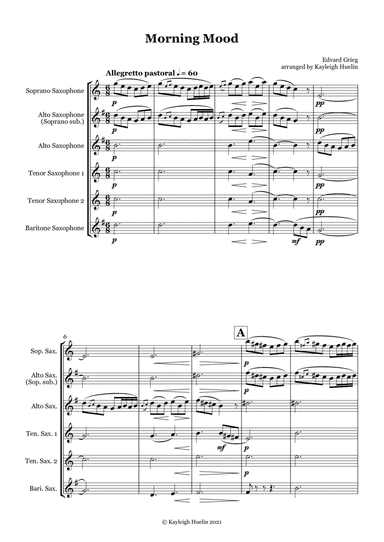 Morning Mood by Edvard Grieg - Saxophone quintet (SATTB/AATTB) (arr. Kayleigh Huelin)