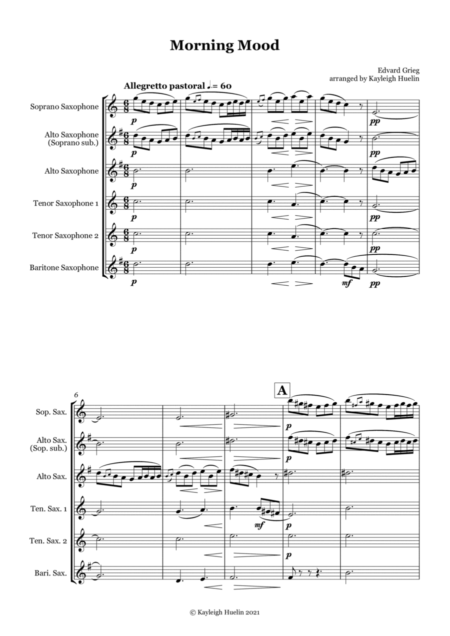 Morning Mood by Edvard Grieg - Saxophone quintet (SATTB/AATTB) (arr. Kayleigh Huelin)