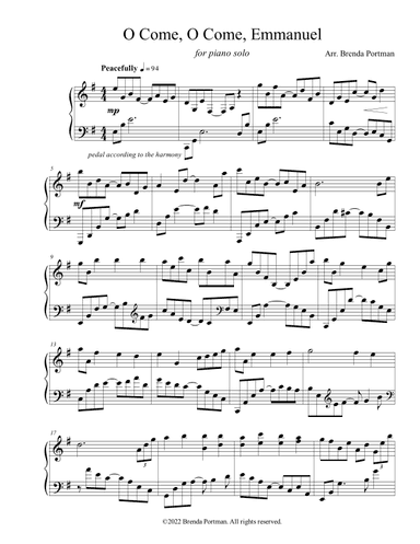 O Come, O Come, Emmanuel (piano solo), arr. Brenda Portman (arr. Brenda Portman)