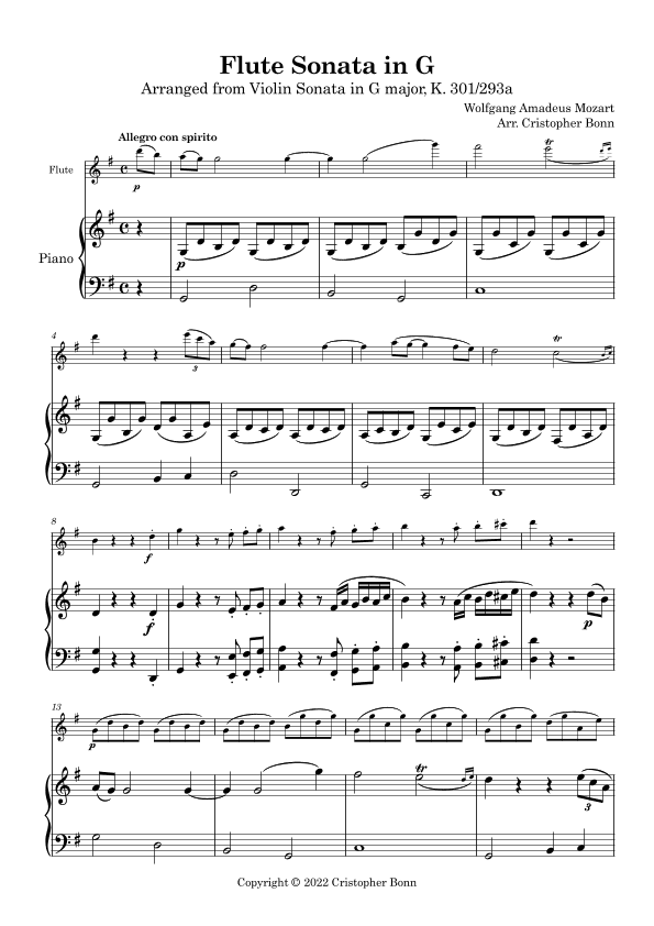 Flute Sonata in G major K. 301/293a (arr. Cristopher Bonn)