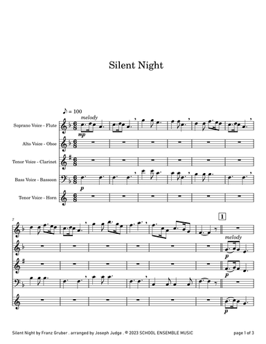 Silent Night for Woodwind Quartet in Schools (arr. Joseph Judge)