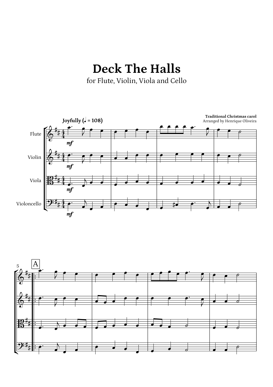 Deck The Halls (Flute, Violin, Viola and Cello) | Christmas Carol (arr. Henrique Oliveira)