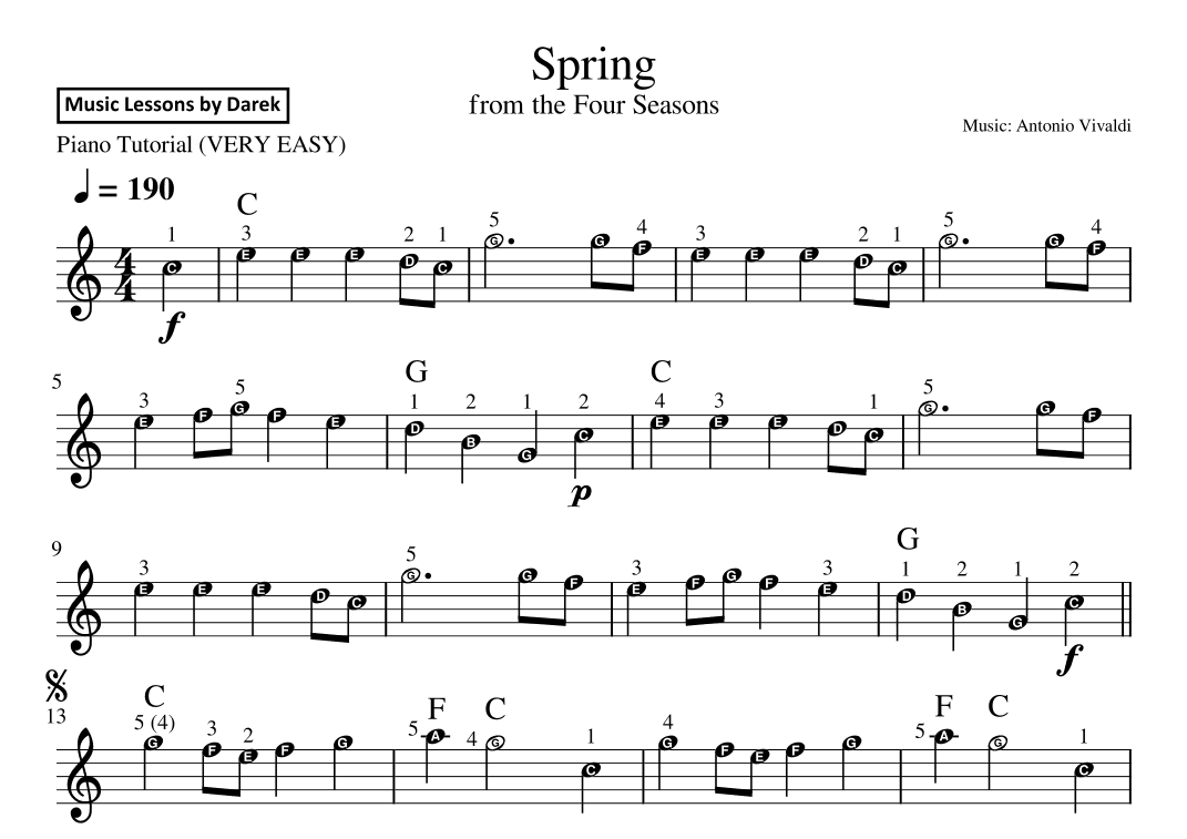 Spring (VERY EASY PIANO) from the Four Seasons [Antonio Vivaldi] (arr. Darek)