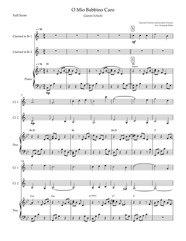 O Mio Babbino Caro (Puccini) for Clarinet in Bb Duo and Piano Accompaniment with Chords (arr. Fernando Britto)