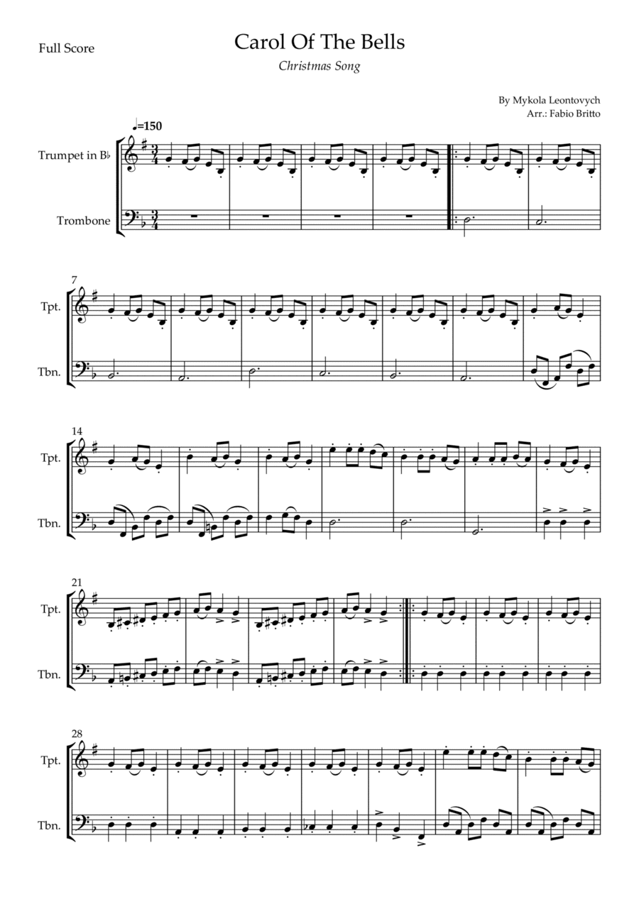 Carol Of The Bells (Christmas Song) for Trumpet in Bb & Trombone Duo (D Minor) (arr. Fabio Britto)