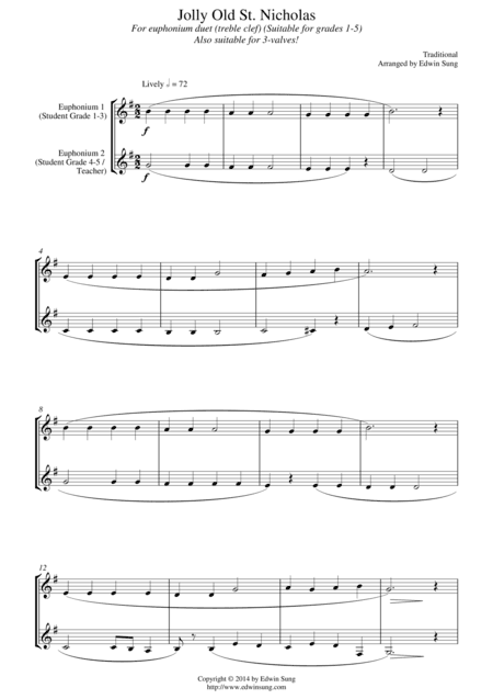 Jolly Old St. Nicholas (for euphonium duet (Bb treble, 3 or 4 valved), suitable for grades 1-5) (arr. Edwin Sung)