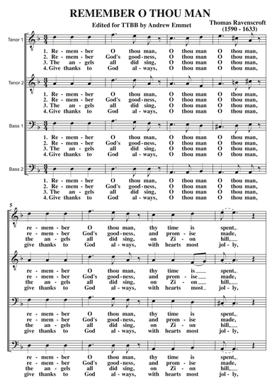 Remember O Thou Man A Cappella TTBB (arr. Edited by Andrew Emmet)