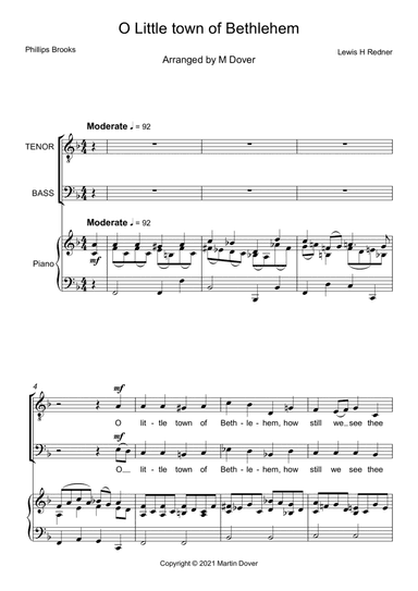 O Little Town of Bethlehem - St Louis Tune - Two Part Choir TB - Lower Voices (arr. Martin Dover)