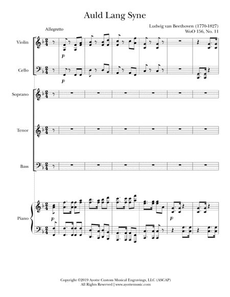 Auld Lang Syne for Violin, Cello, Piano, and 3-part (STB) Chorus. Score and Parts (arr. Ludwig van Beethoven)
