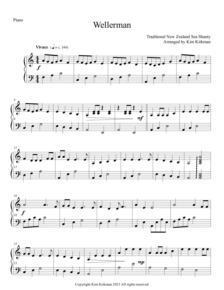 Wellerman - Sea Shanty - piano no black notes required (arr. Kim Kirkman)