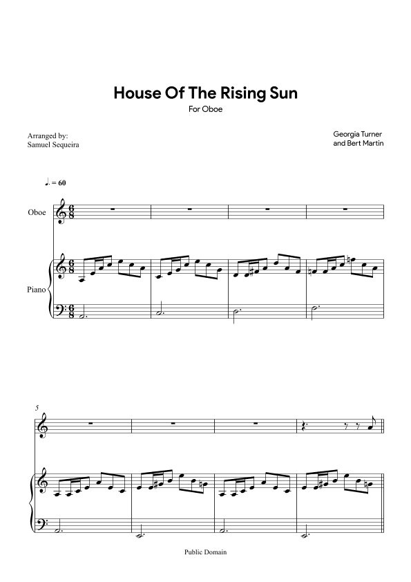 House of the Rising Sun - for Oboe - with play along (arr. Samuel Sequeira)