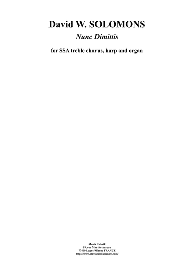 David W. Solomons : Nunc Dimittis for SSA treble chorus, harp and organ