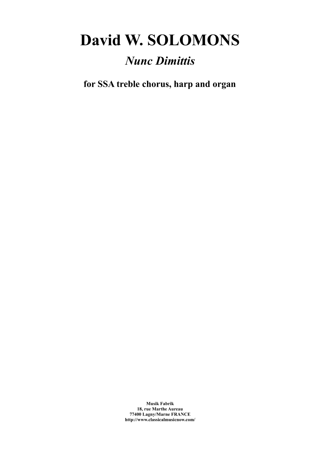 David W. Solomons : Nunc Dimittis for SSA treble chorus, harp and organ