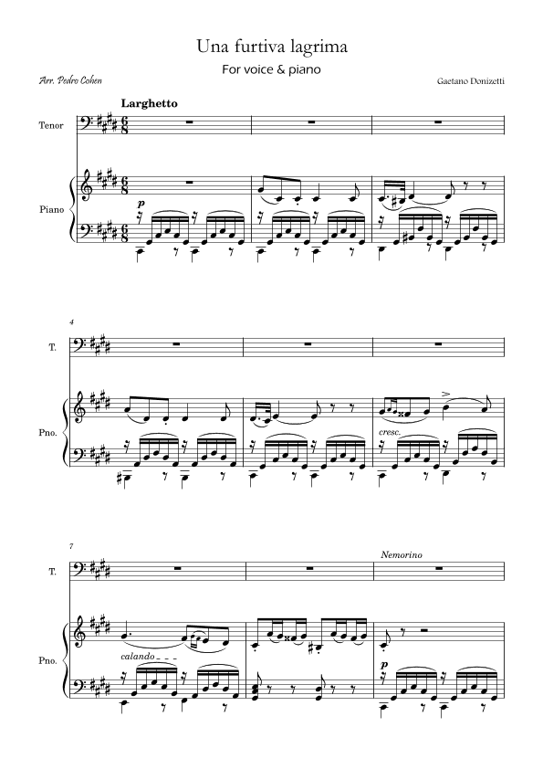 Una Furtiva Lagrima (Tenor in C#m) (arr. Pedro Cohen)