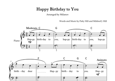 Happy Birthday to You Piano in C Easy Intermediate Chord Fingering Lyrics (arr. Milanov)