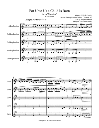 For Unto Us a Child is Born (from "Messiah") (F) (Euphonium Quintet - Treble Clef) (arr. Regis Bookshar)