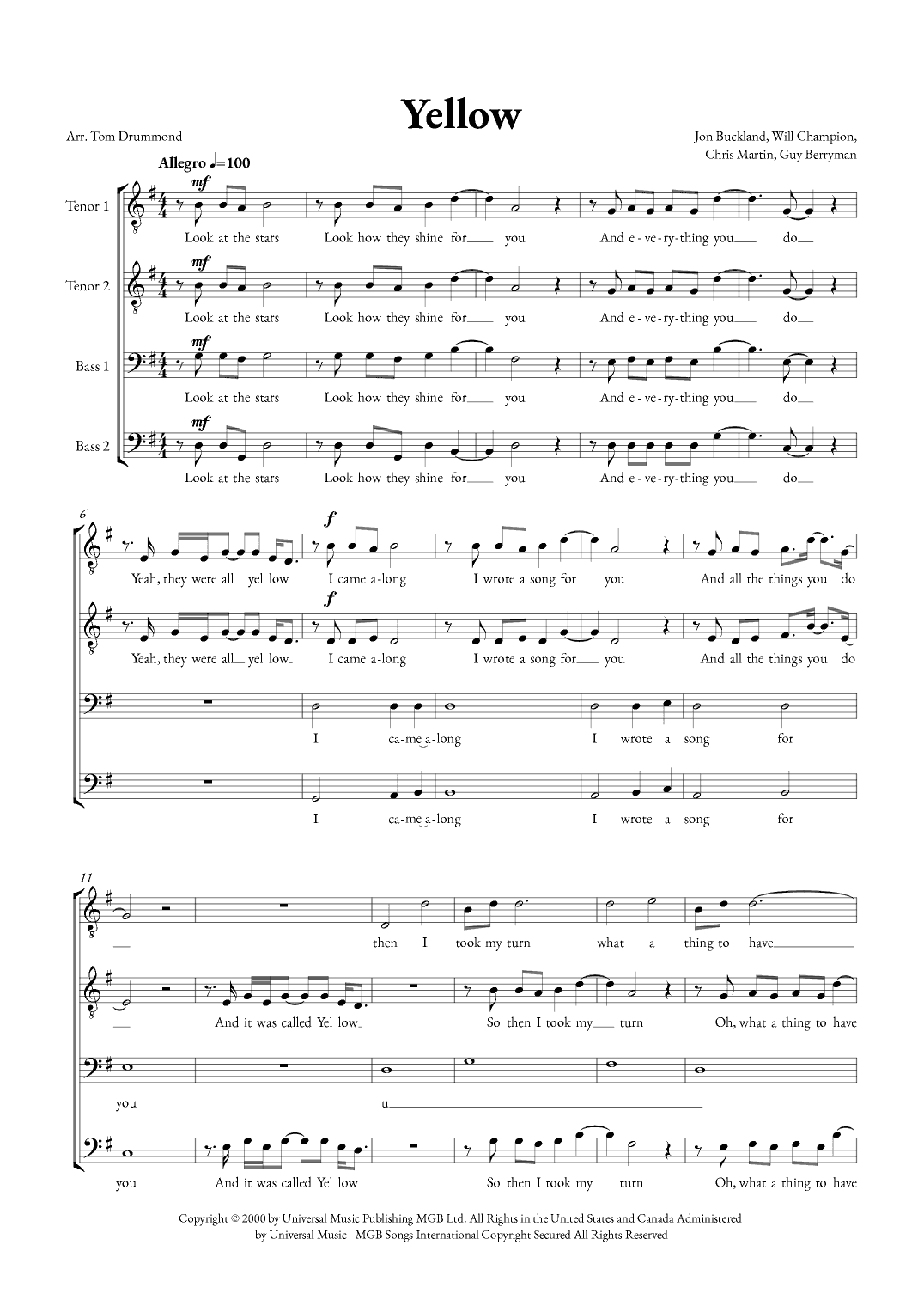 Yellow (arr. Tom Drummond)
