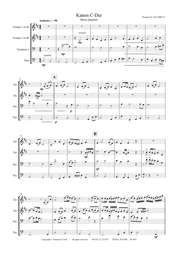 Canon C-Major, Kanon C-Dur, Brass Quartet