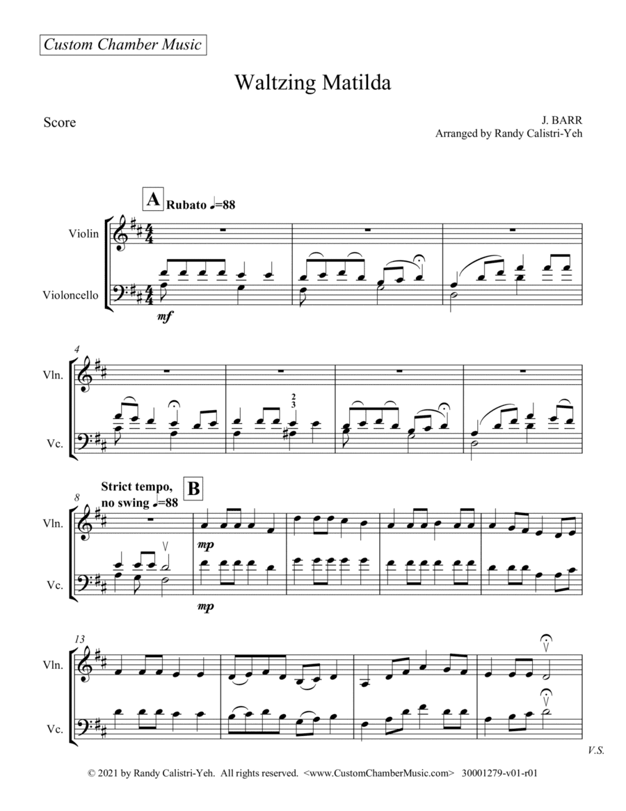 Waltzing Matilda (violin/cello duet) (arr. Randy Calistri-Yeh)